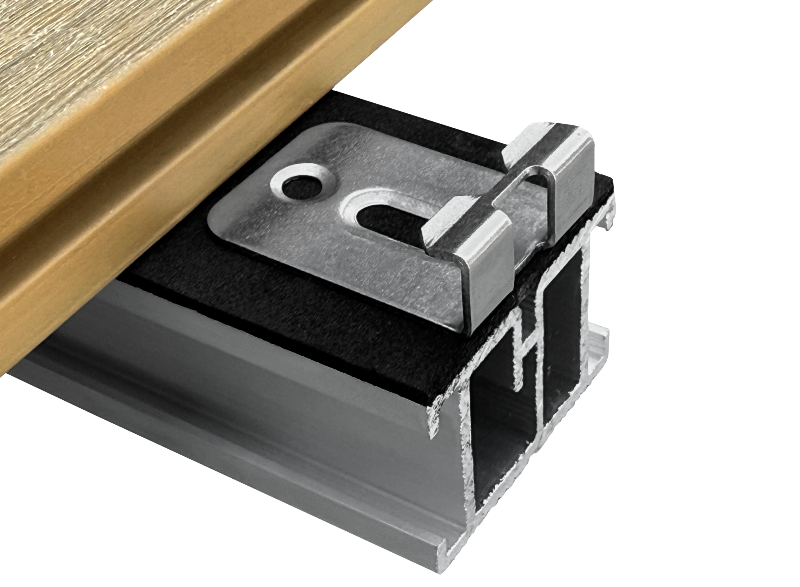 Close-up of a metal latch/slide attached to a wooden surface, showing a slotted bracket and curved clip on a dark base.