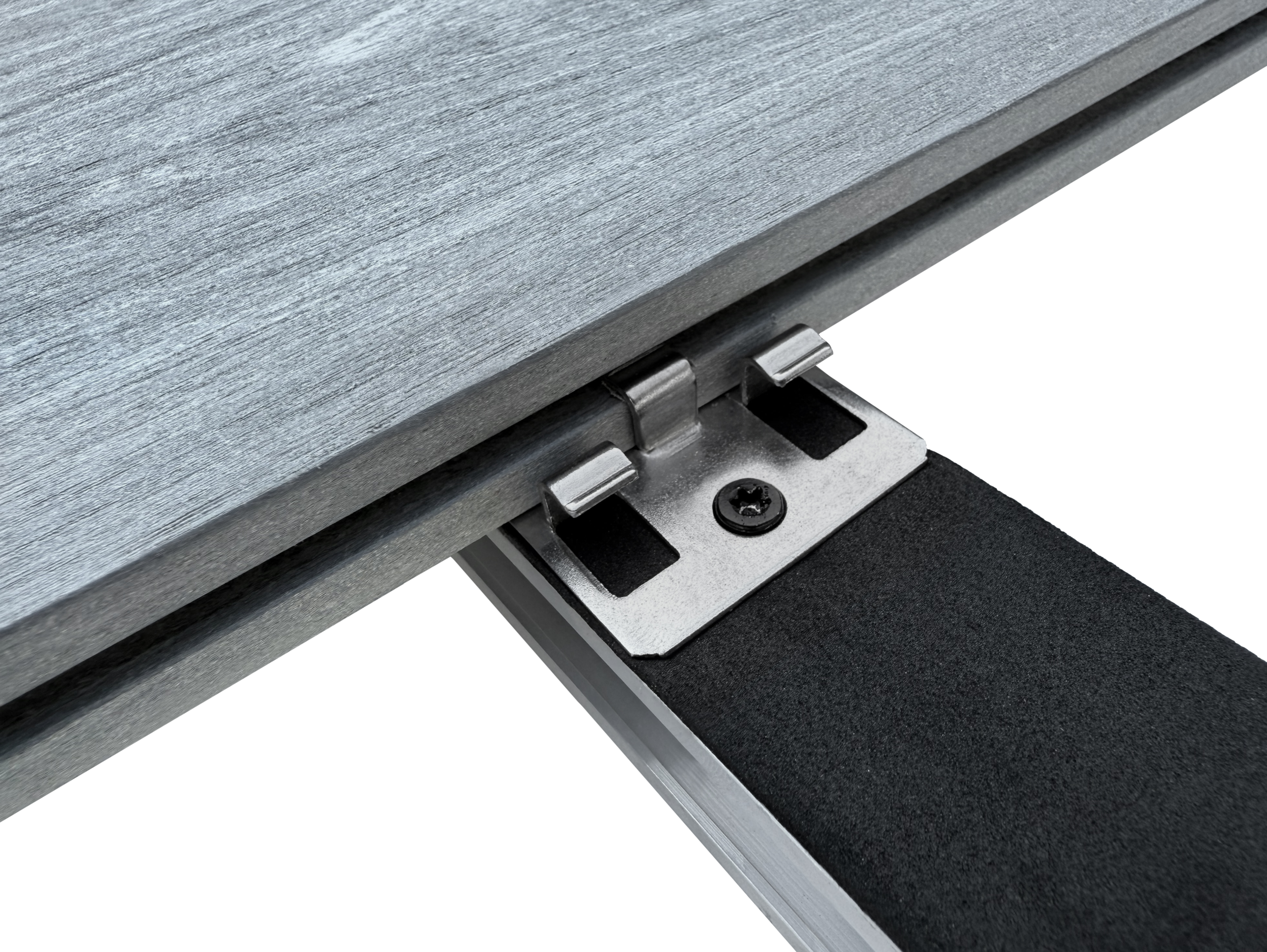 Close-up of a metal drawer slide attached to a wooden surface.