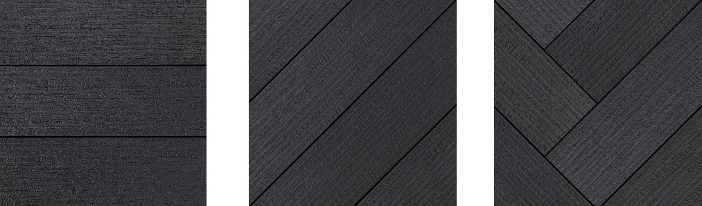 Dark charcoal wood planks laid horizontally with subtle grain and thin gaps between boards, forming a panel. vinha?