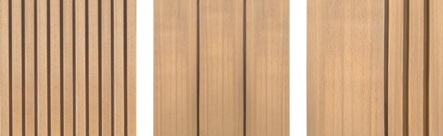Three wooden panels showing different grain textures: left with thin vertical grooves, center smooth, right with wider vertical grooves.
