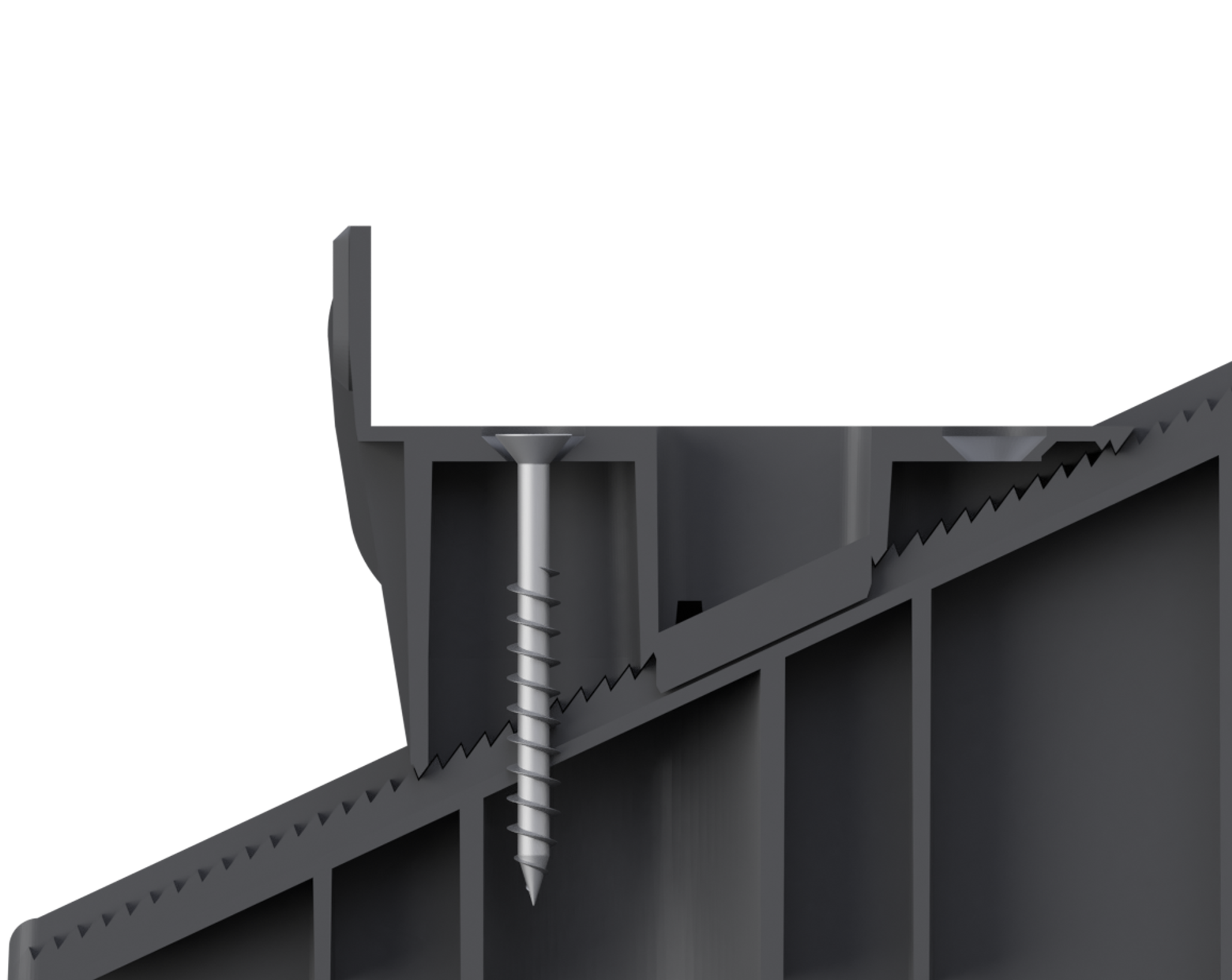 Close-up of gray industrial machine frame with a large helical auger screw running through it.