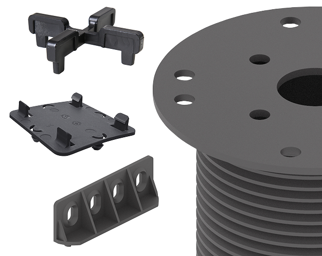 Cable management kit with a large gray reel and assorted mounting brackets and end caps for organizing cables