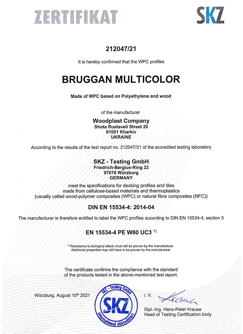Certyfikat badań laboratoryjnych płyt Bruggan Multicolor w laboratorium w Niemczech