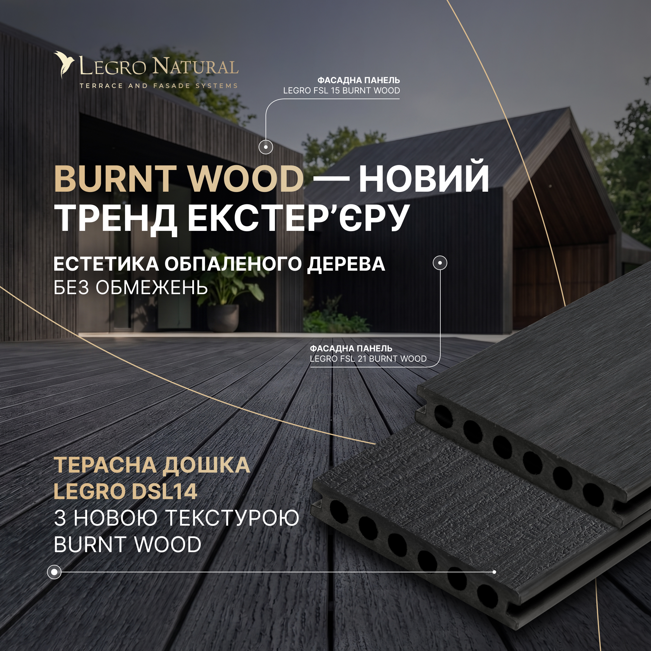 Legro Natural banner showing burnt wood terrace panels on a modern wooden building exterior with large BURNT WOOD text.