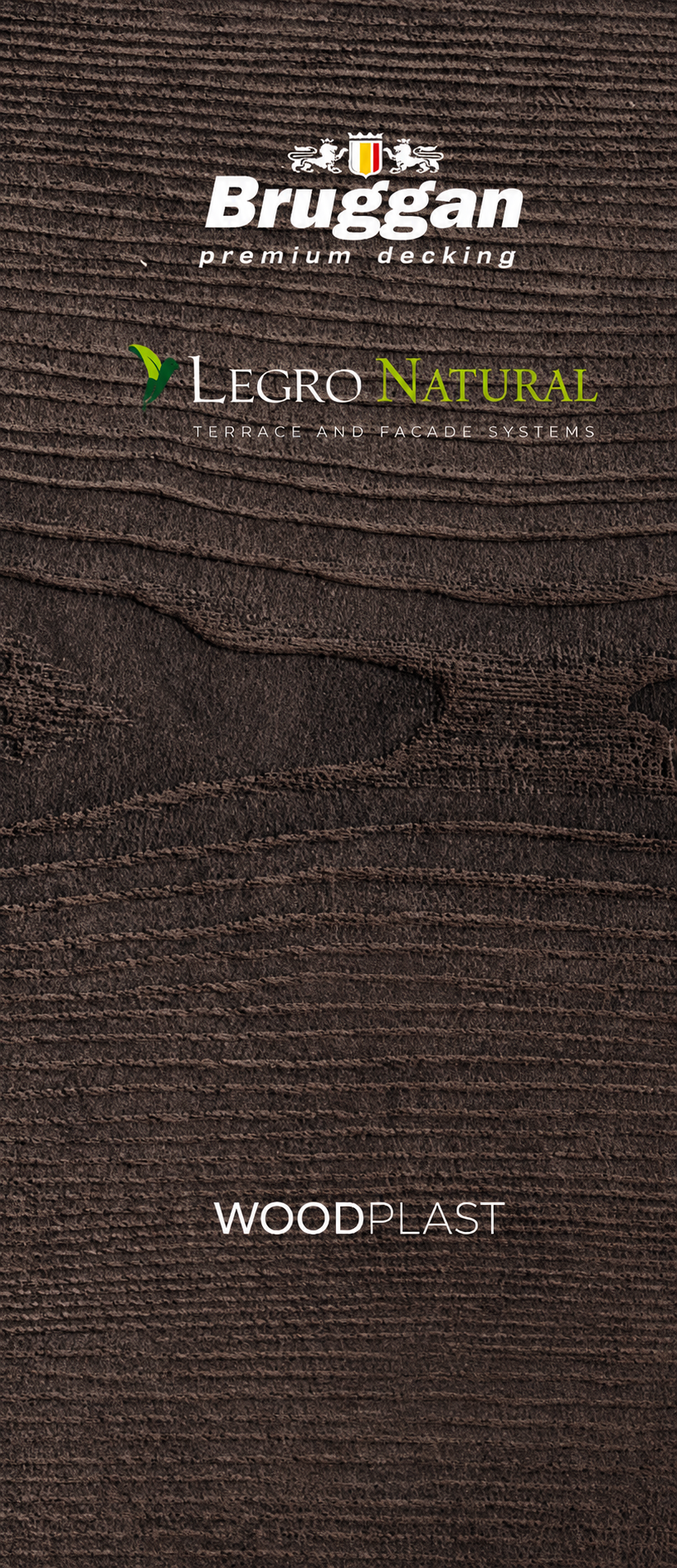 Brand logos for Bruggan premium decking, Legro Natural terrace and facade systems, and WOODPLAST on dark wood texture.