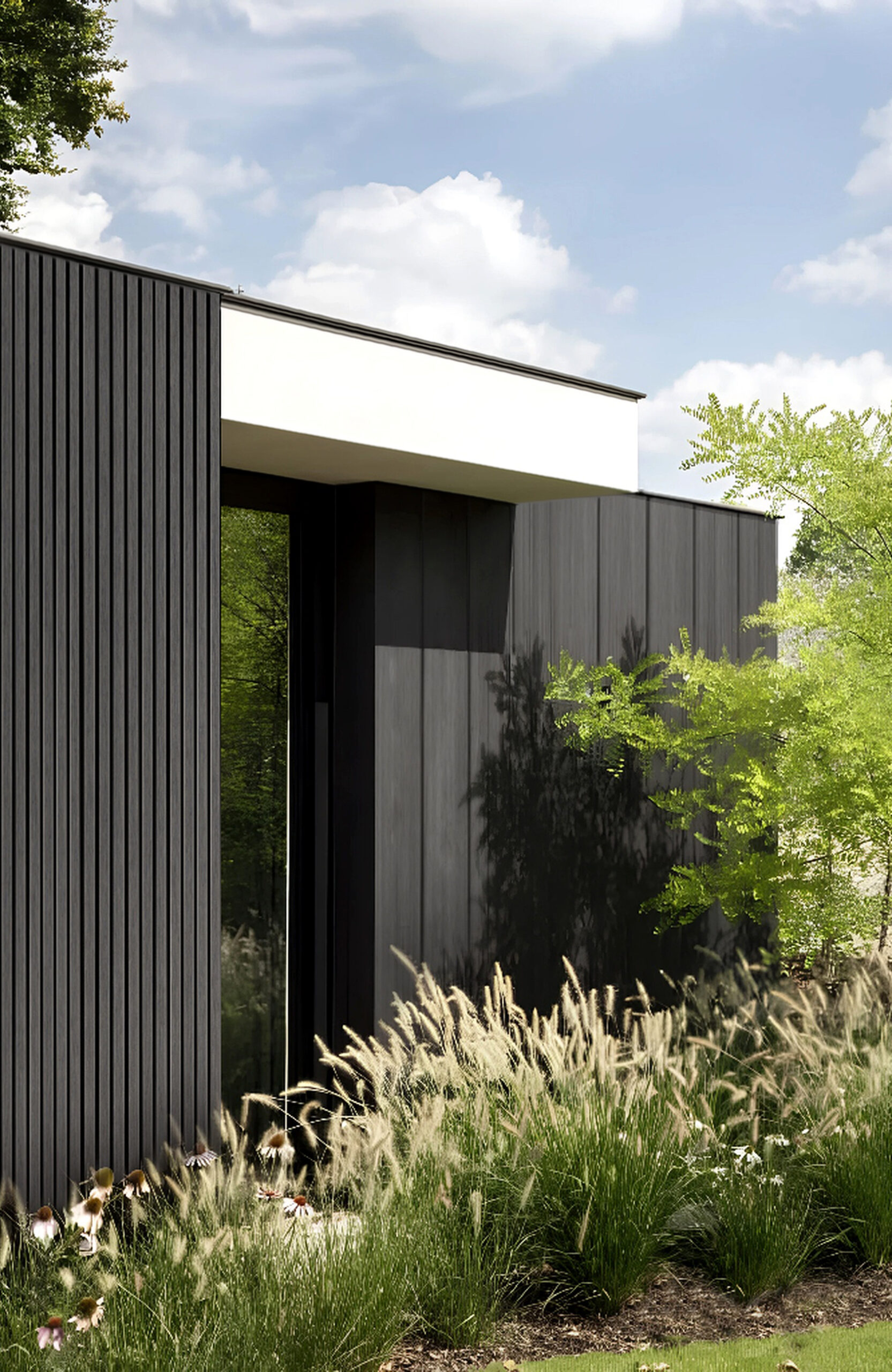 Modern black building with a white cantilevered overhang, set among tall grasses and green shrubs under a blue sky.
