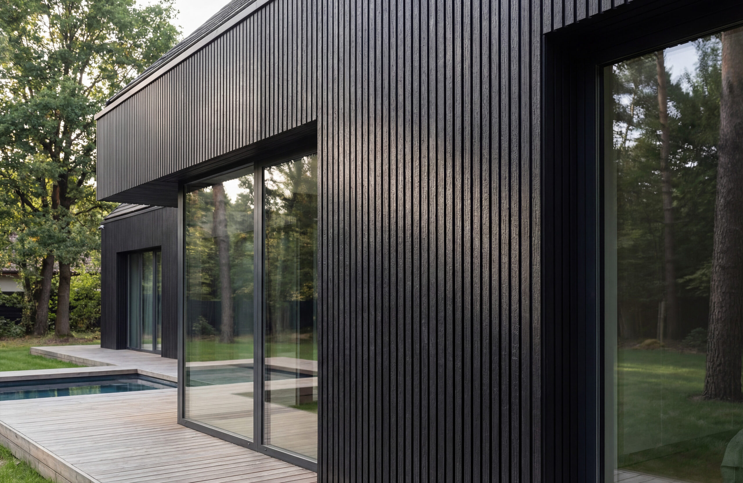 Modern black vertical-wood cladding home with floor-to-ceiling glass walls and a wooden deck beside a pool.