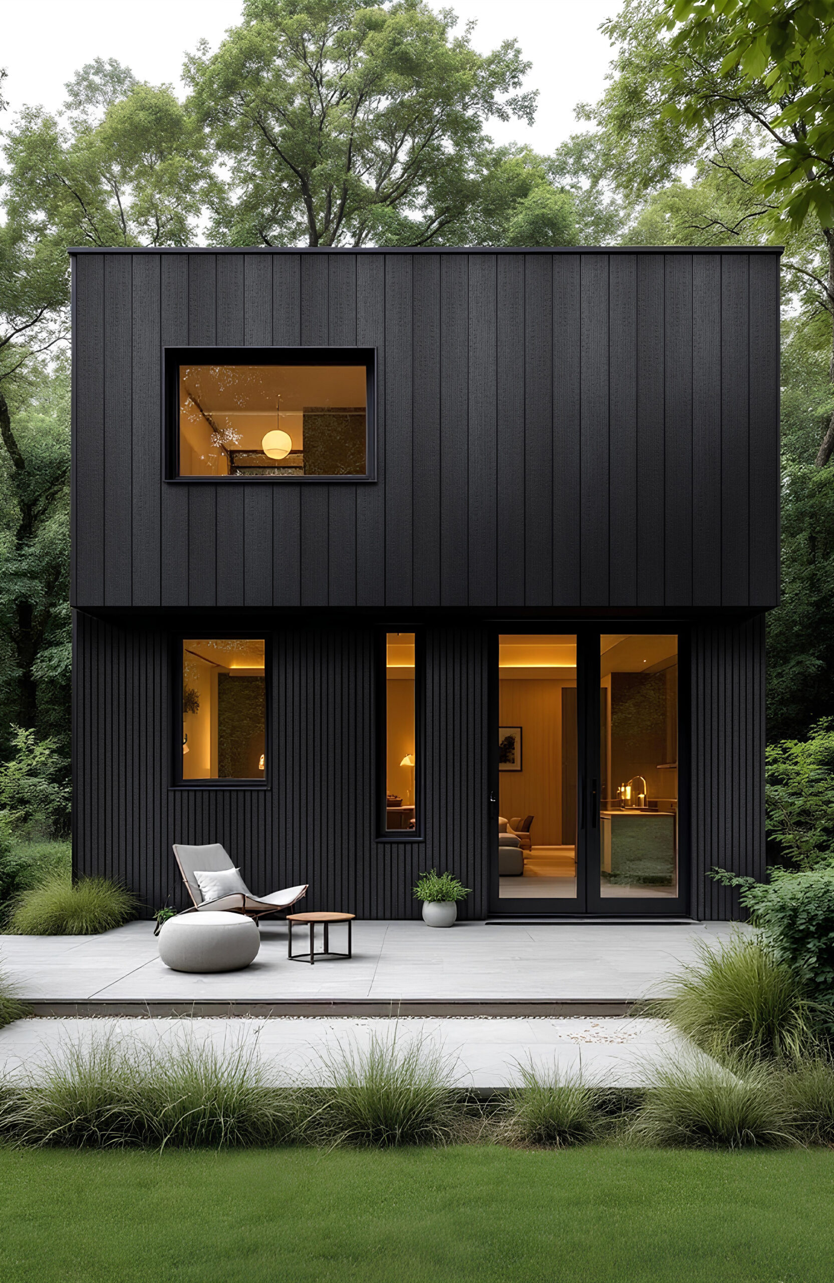 Modern black two-story house with large windows, warm interior lighting, and a minimalist outdoor seating area on a patio.