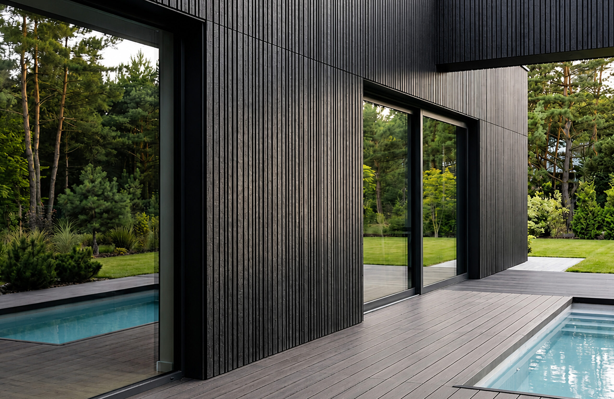 Modern black wood-clad house with large glass doors overlooking a pool and green garden.
