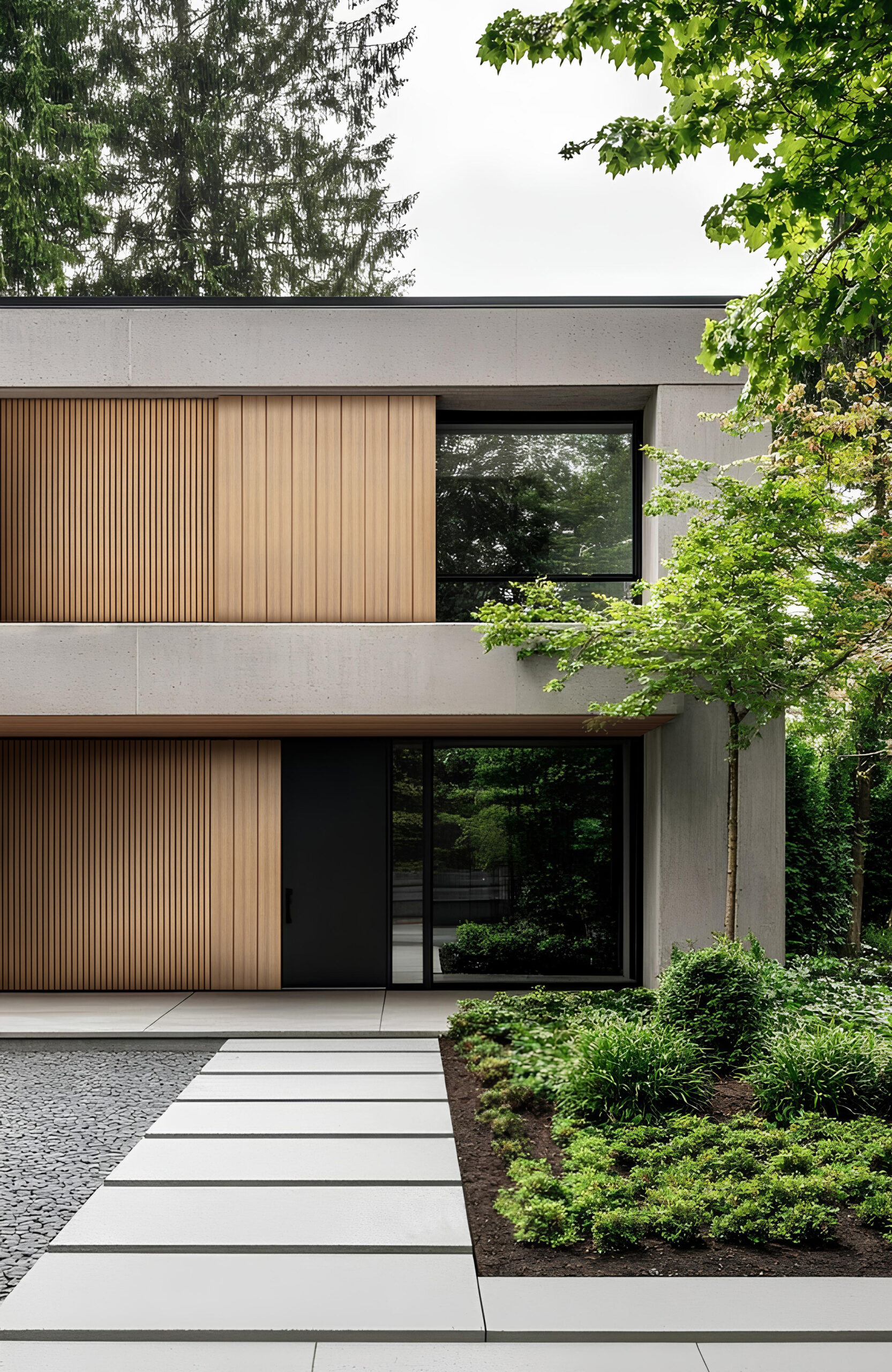 Modern concrete and wood facade with vertical wooden slats, large glass window, and manicured landscaping.