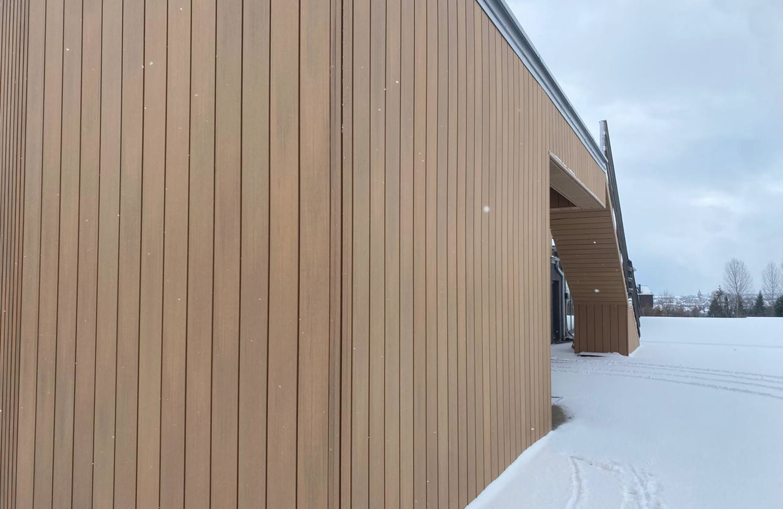 Brown wooden siding dominates the scene, with a snow-covered ground and a distant modern building visible to the right under a cloudy sky.