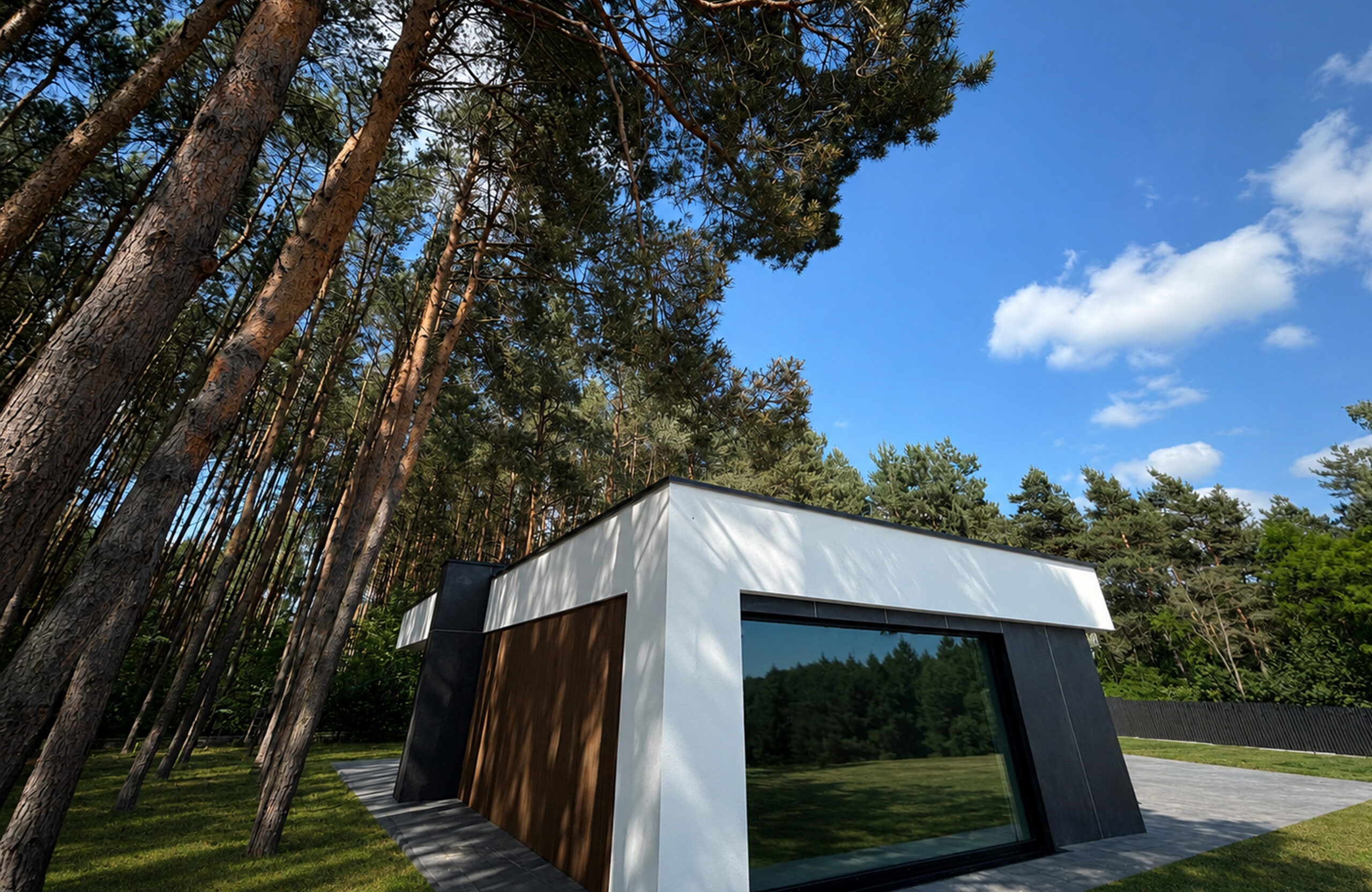 Modern white house with dark wooden panels sits beside tall pine trees under a blue sky.