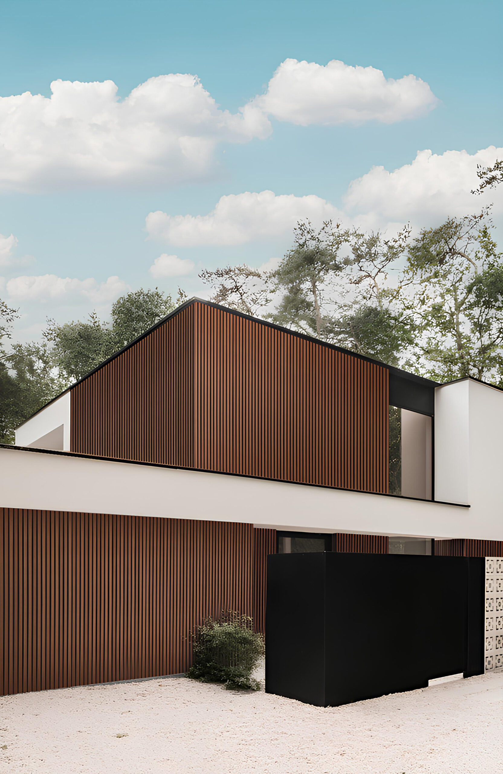 Modern building with vertical wooden slats, white walls, and black accents under a blue sky with fluffy clouds