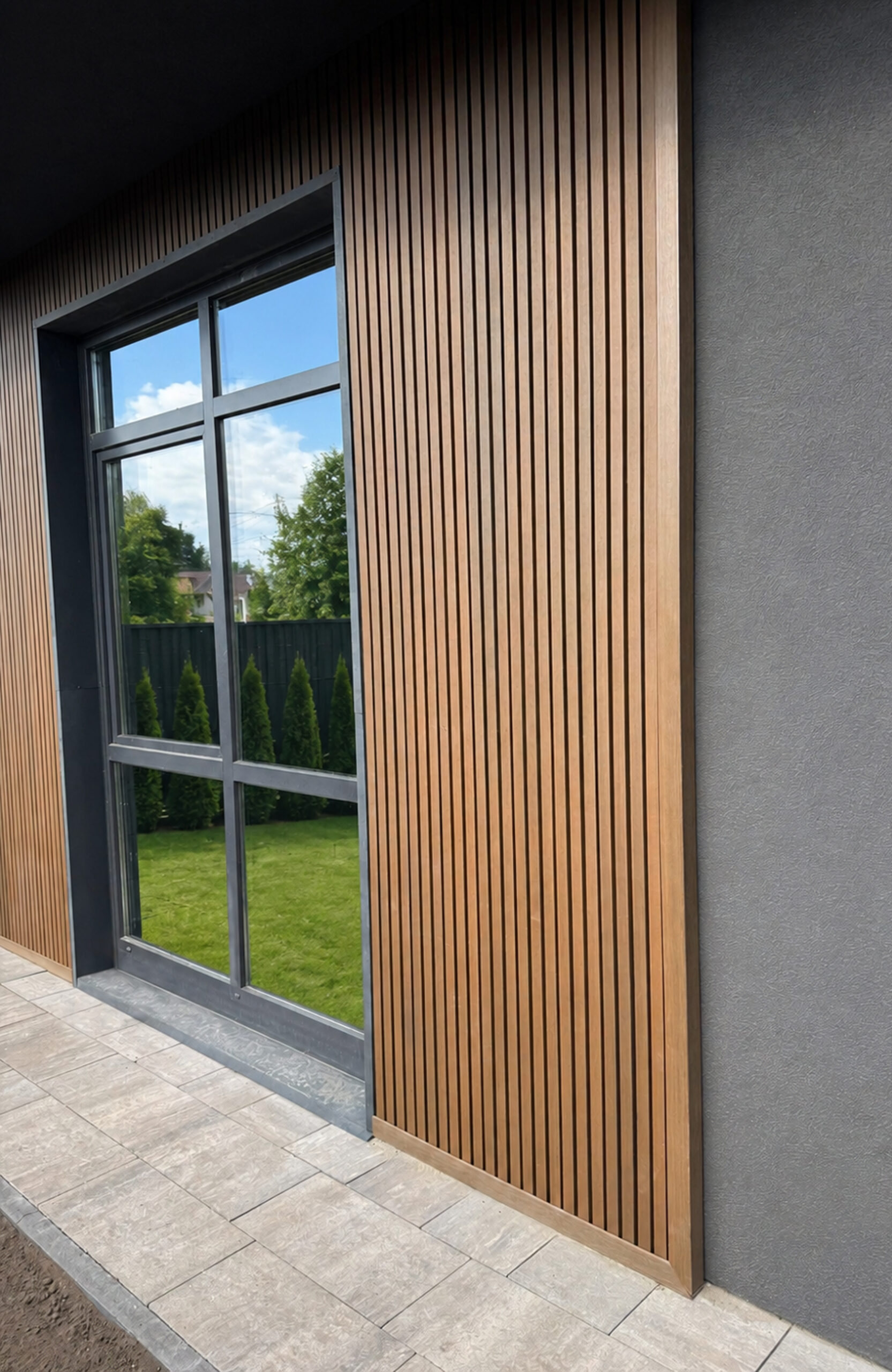 Modern exterior wall with vertical wooden slats surrounding a large grey-framed glass window reflecting a lawn and trees.