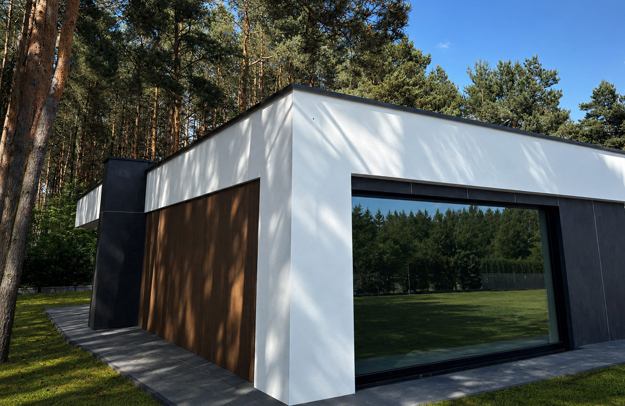 Modern white plaster building with dark vertical panels, set beside tall pine trees on a sunny day.