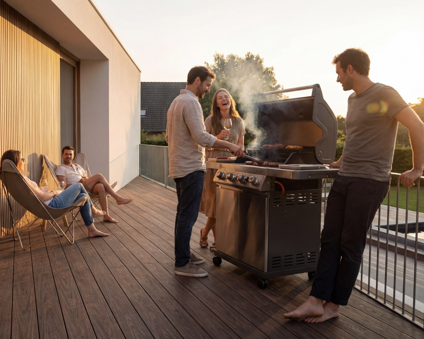 Terrace Near a Barbecue Area: Which Decking Should You Choose and What Should You Avoid? Modern portable gas grill on a wooden deck during a backyard sunset barbecue with friends