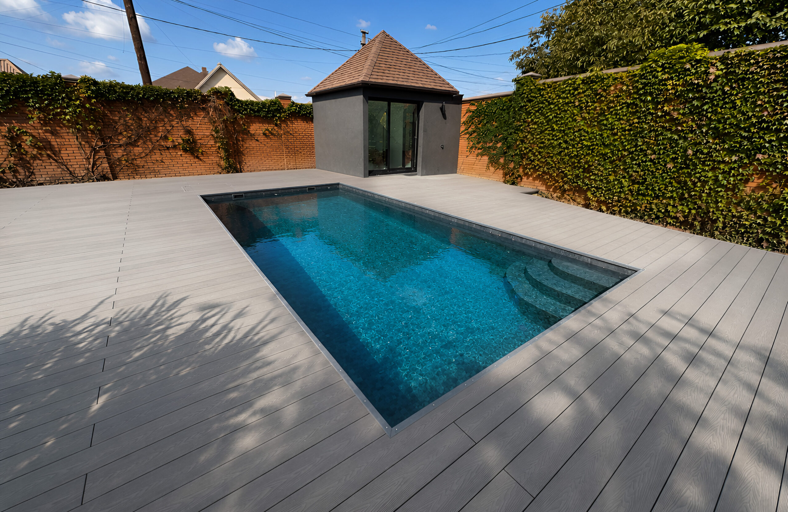 Swimming pool surrounded by Bruggan Elegant Graphite composite decking with natural wood grain texture