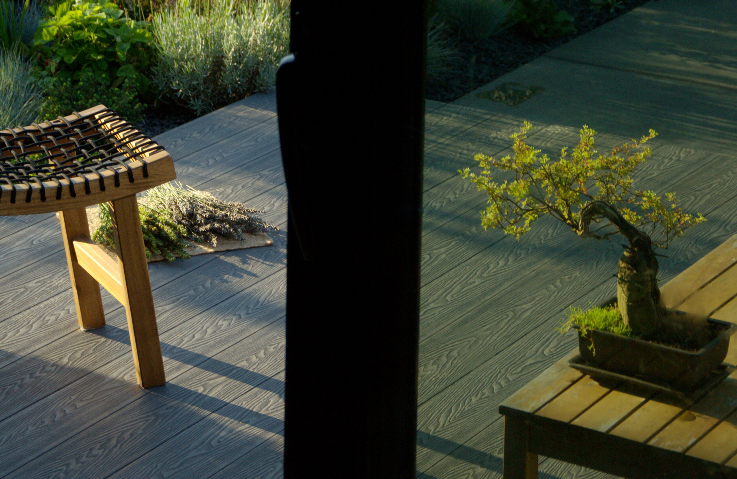 Graphite composite decking with wood grain texture, outdoor furniture and decorative bonsai