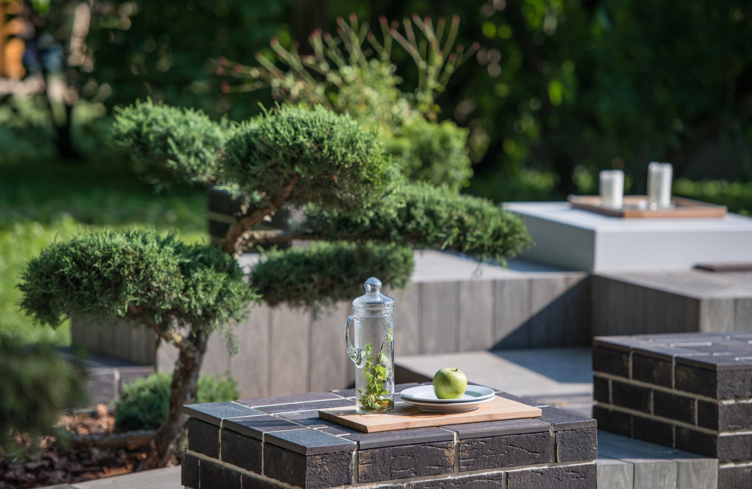 Landscaped outdoor area with BRUGGAN Multicolor grey composite decking, lush plants, rocks and water features