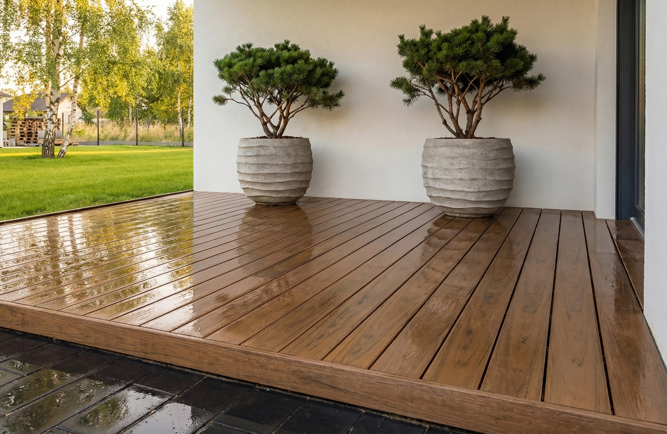 Sand-colored BRUGGAN Multicolor composite decking on a contemporary outdoor terrace after rain