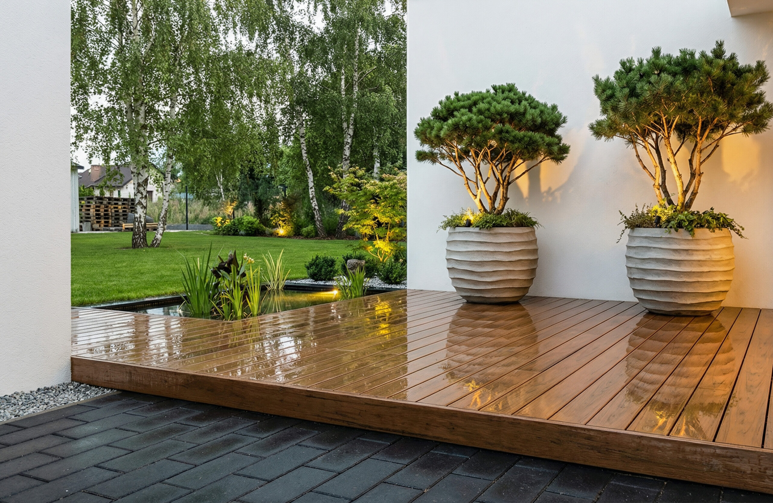 Sand-colored BRUGGAN Multicolor composite decking on a contemporary outdoor terrace after rain