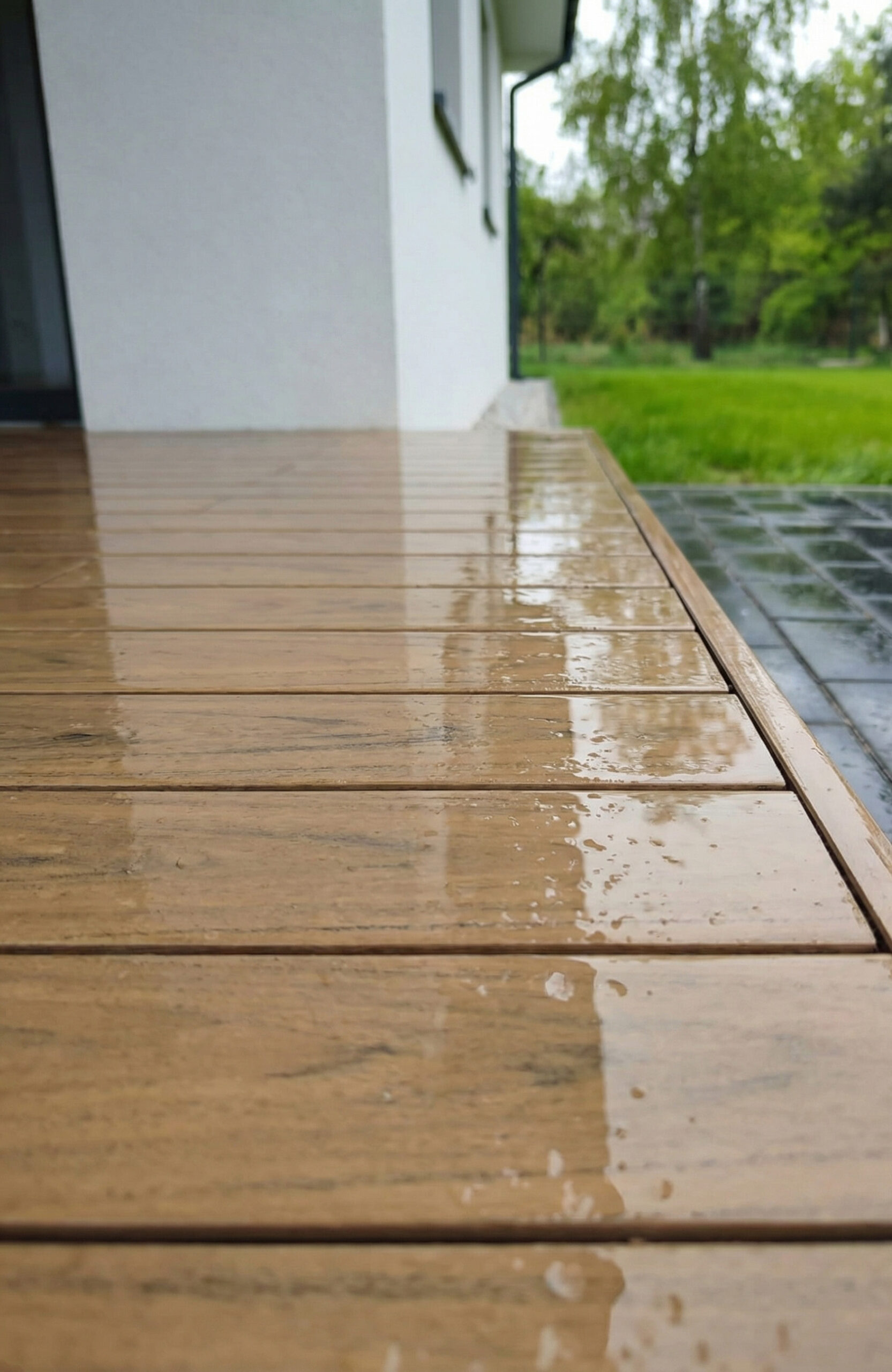 Sand-colored BRUGGAN Multicolor composite decking on a contemporary outdoor terrace after rain