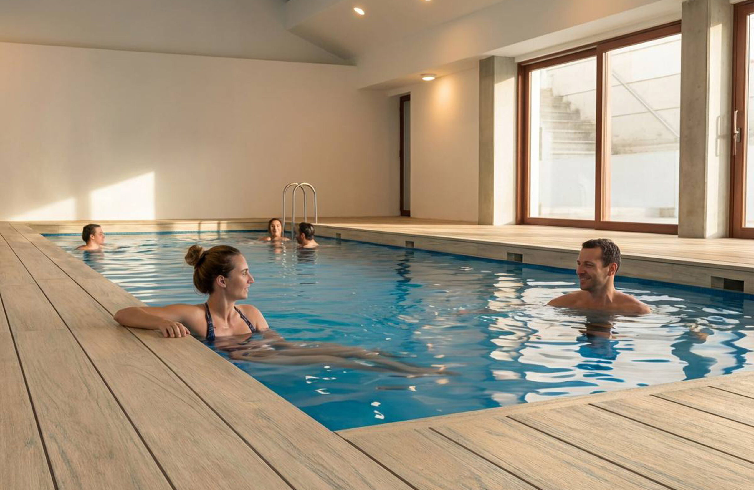 Indoor pool area finished with BRUGGAN Multicolor composite decking in sand color.