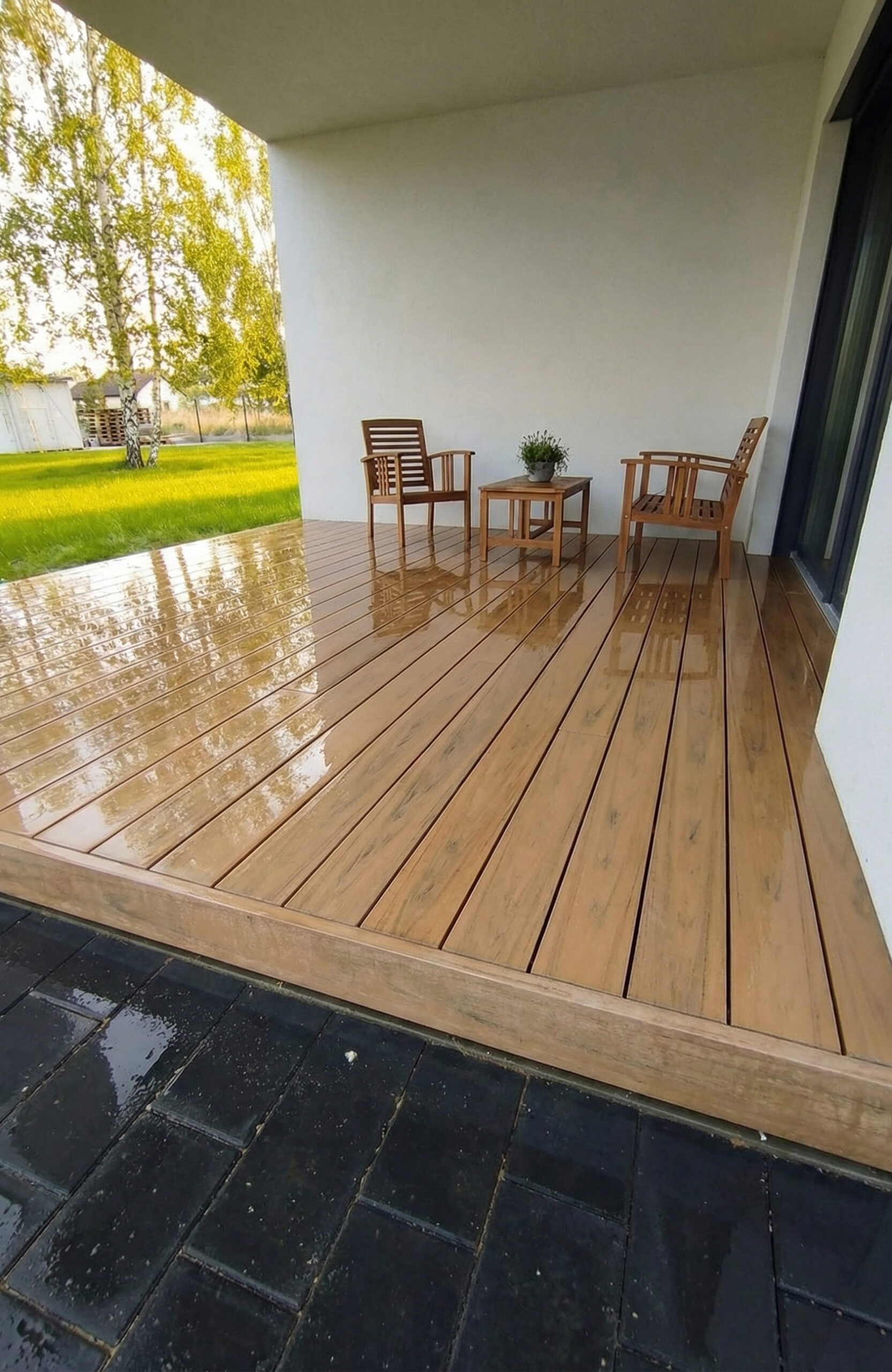 Sand-colored BRUGGAN Multicolor composite decking on a contemporary outdoor terrace after rain
