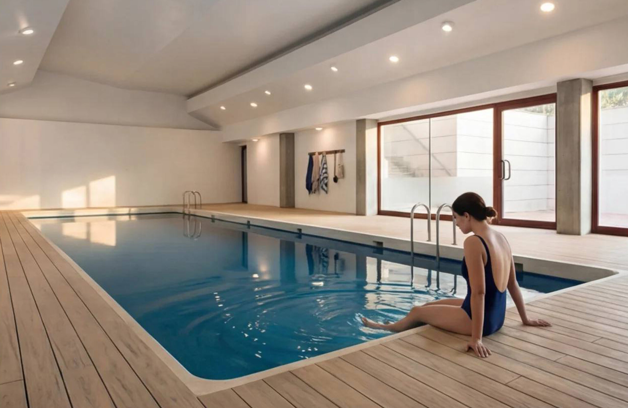 Indoor pool area finished with BRUGGAN Multicolor composite decking in sand color.