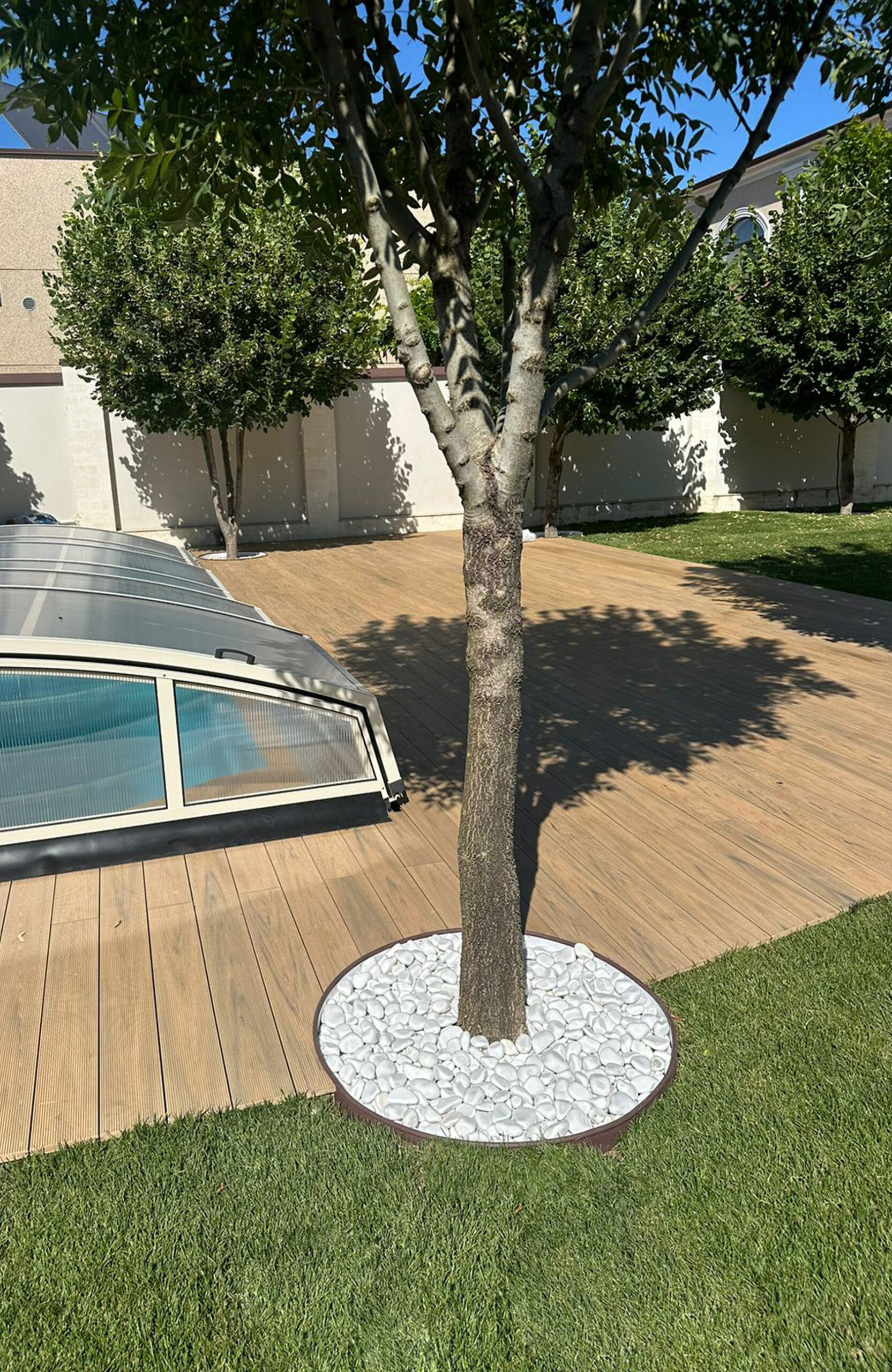Sand-colored BRUGGAN Multicolor composite decking surrounding a garden pool with trees and lawn