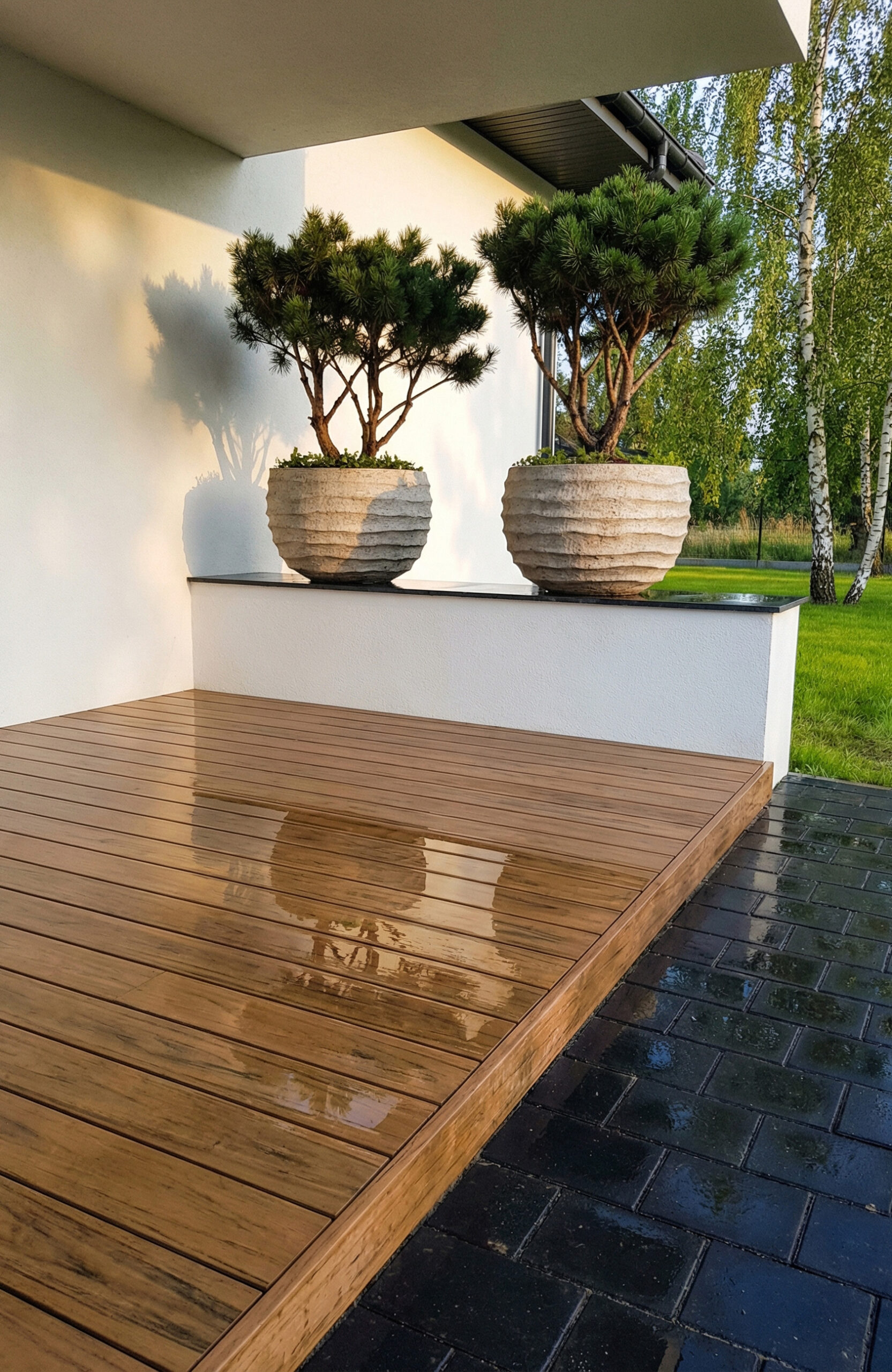 Sand-colored BRUGGAN Multicolor composite decking on a contemporary outdoor terrace after rain
