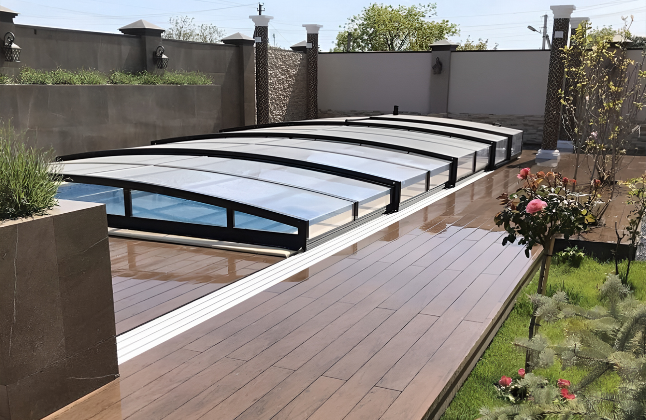 Garden swimming pool area finished with BRUGGAN Multicolor Wenge composite decking