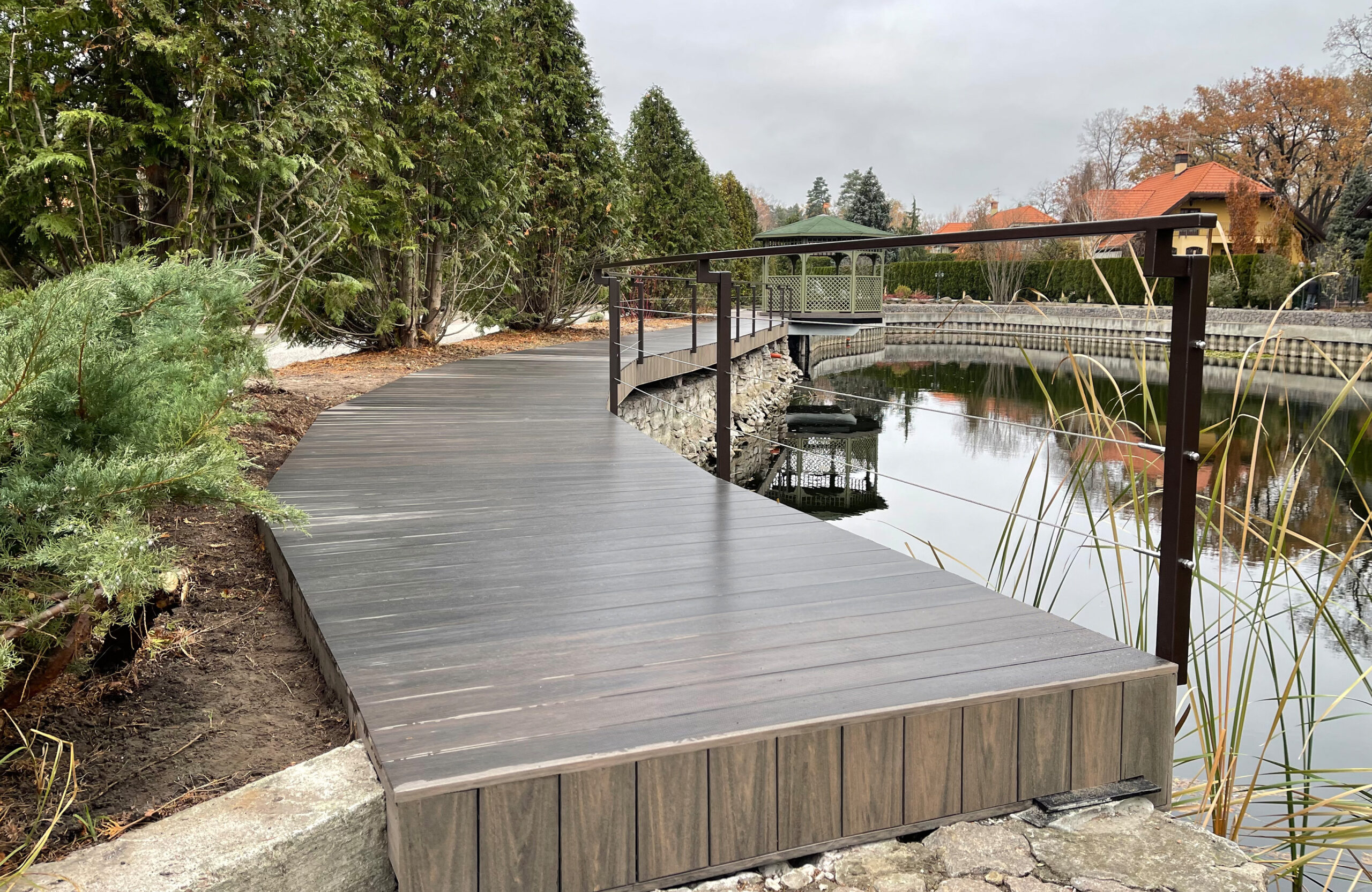 BRUGGAN Multicolor Wenge composite decking used for a waterfront pier in Kyiv, Ukraine
