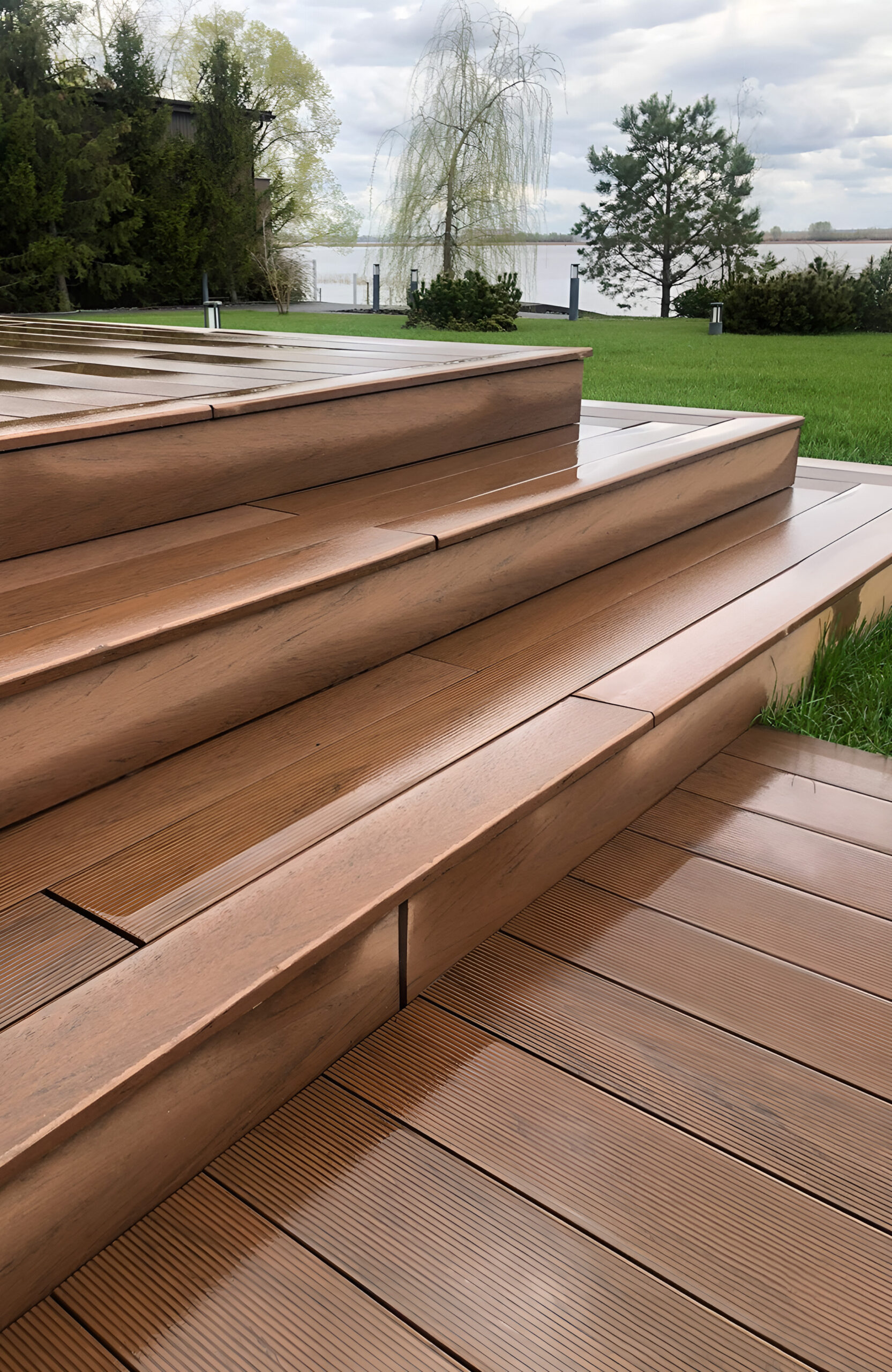 BRUGGAN Multicolor Wenge deck with pergola, steps and garden landscaping