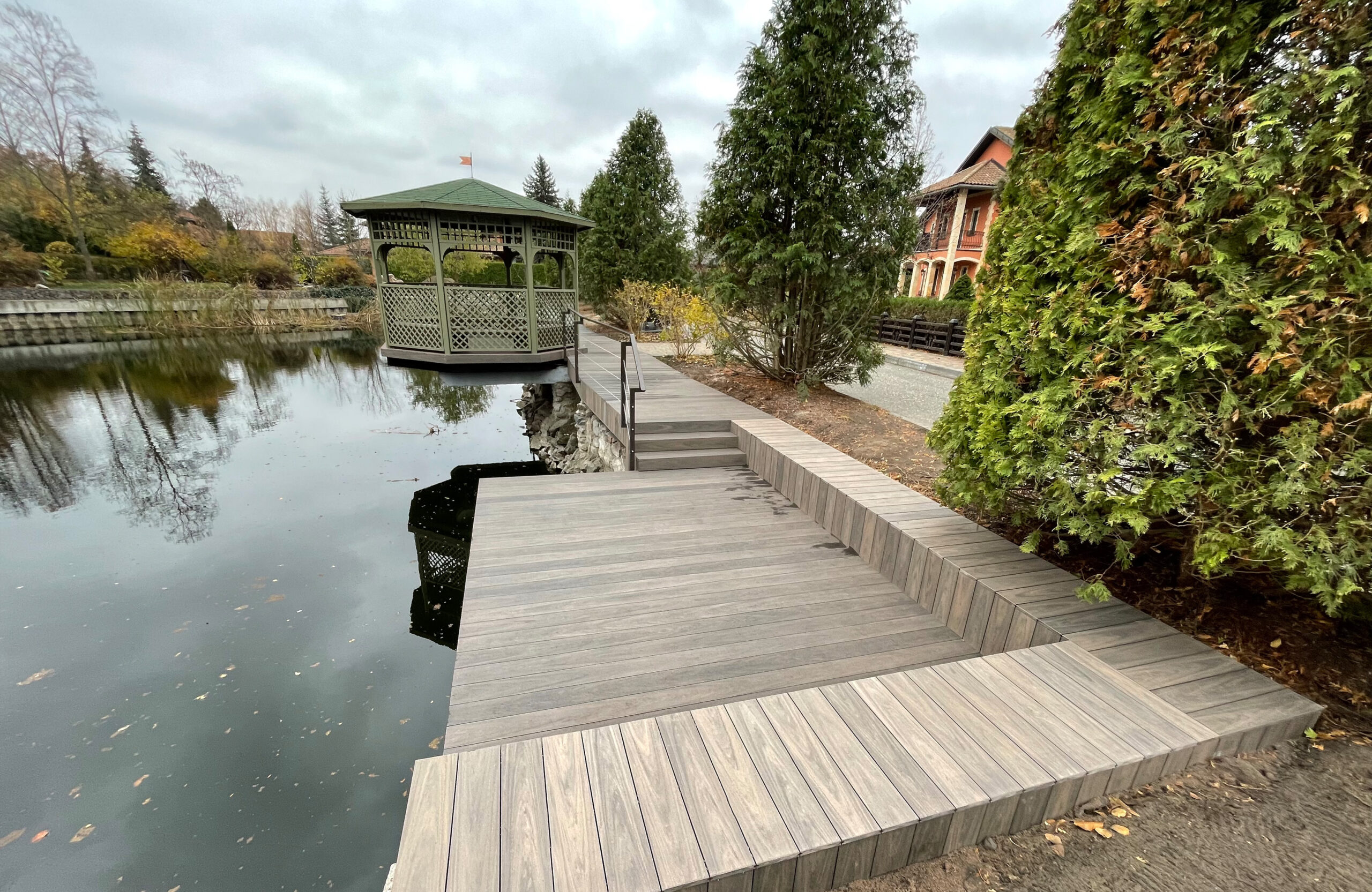 BRUGGAN Multicolor Wenge composite decking used for a waterfront pier in Kyiv, Ukraine