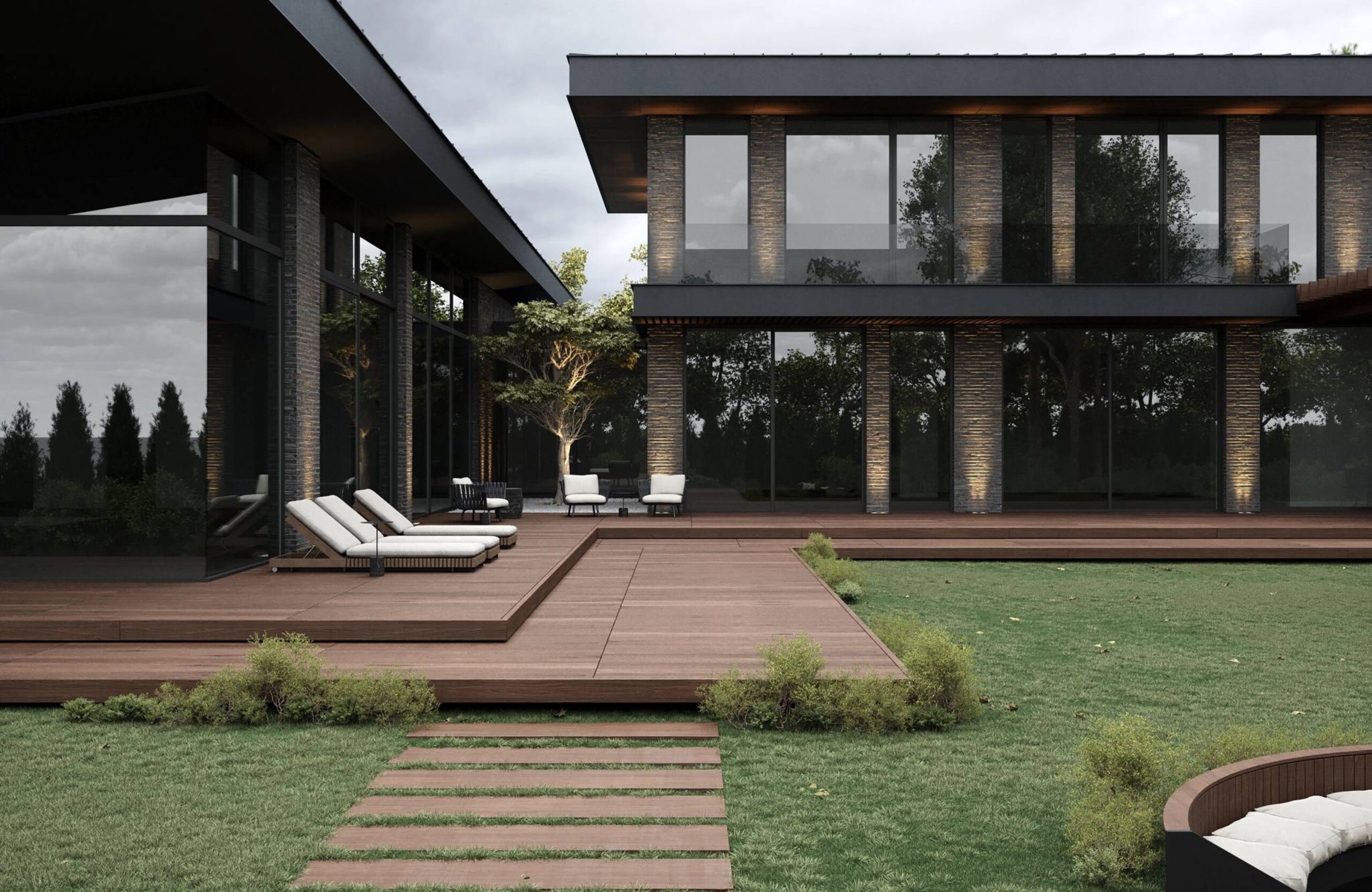 LEGRO teak composite decking on a luxury modern terrace with landscaped garden