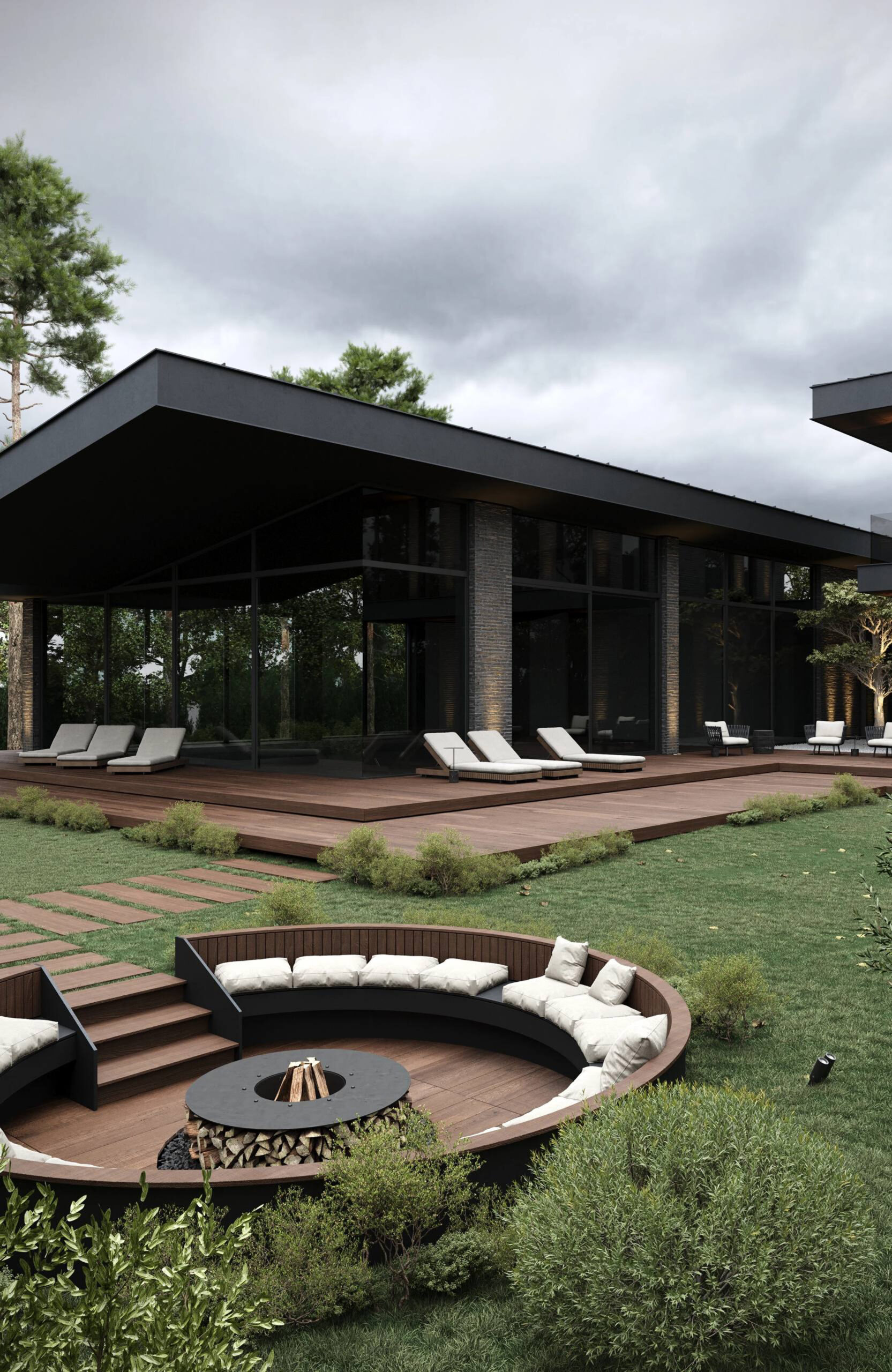 Luxury outdoor terrace with LEGRO teak WPC decking, lounge area and sunken fire pit