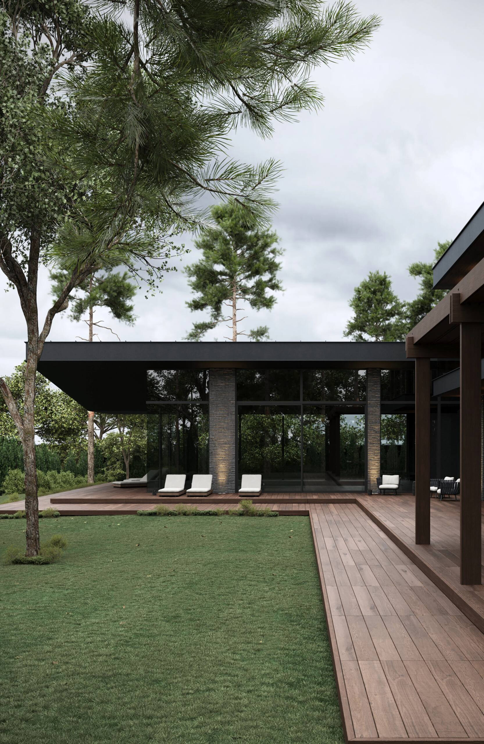 LEGRO teak composite decking around a modern house with lawn and landscaped garden