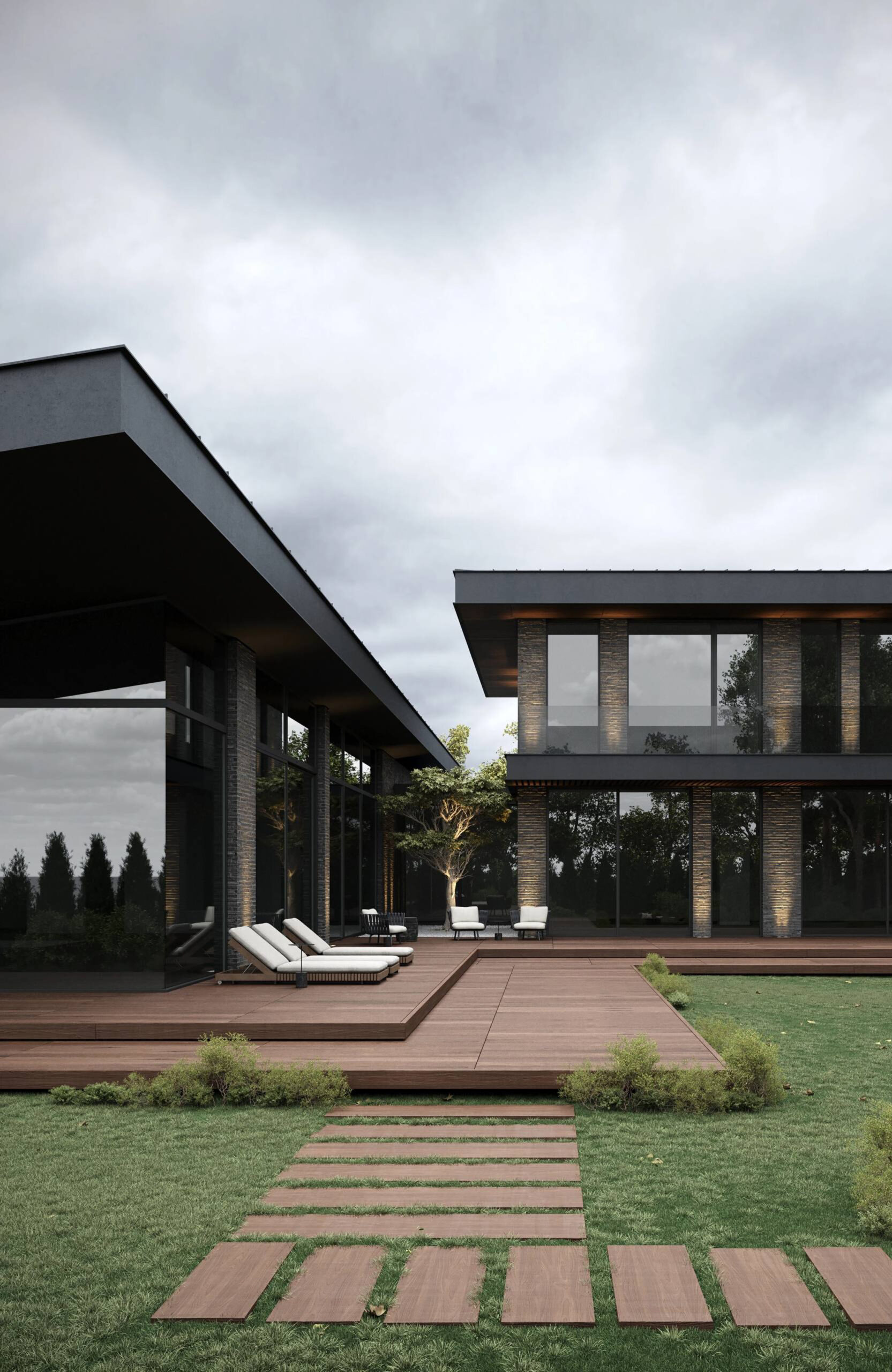 Modern luxury home with spacious LEGRO teak composite decking terrace and garden