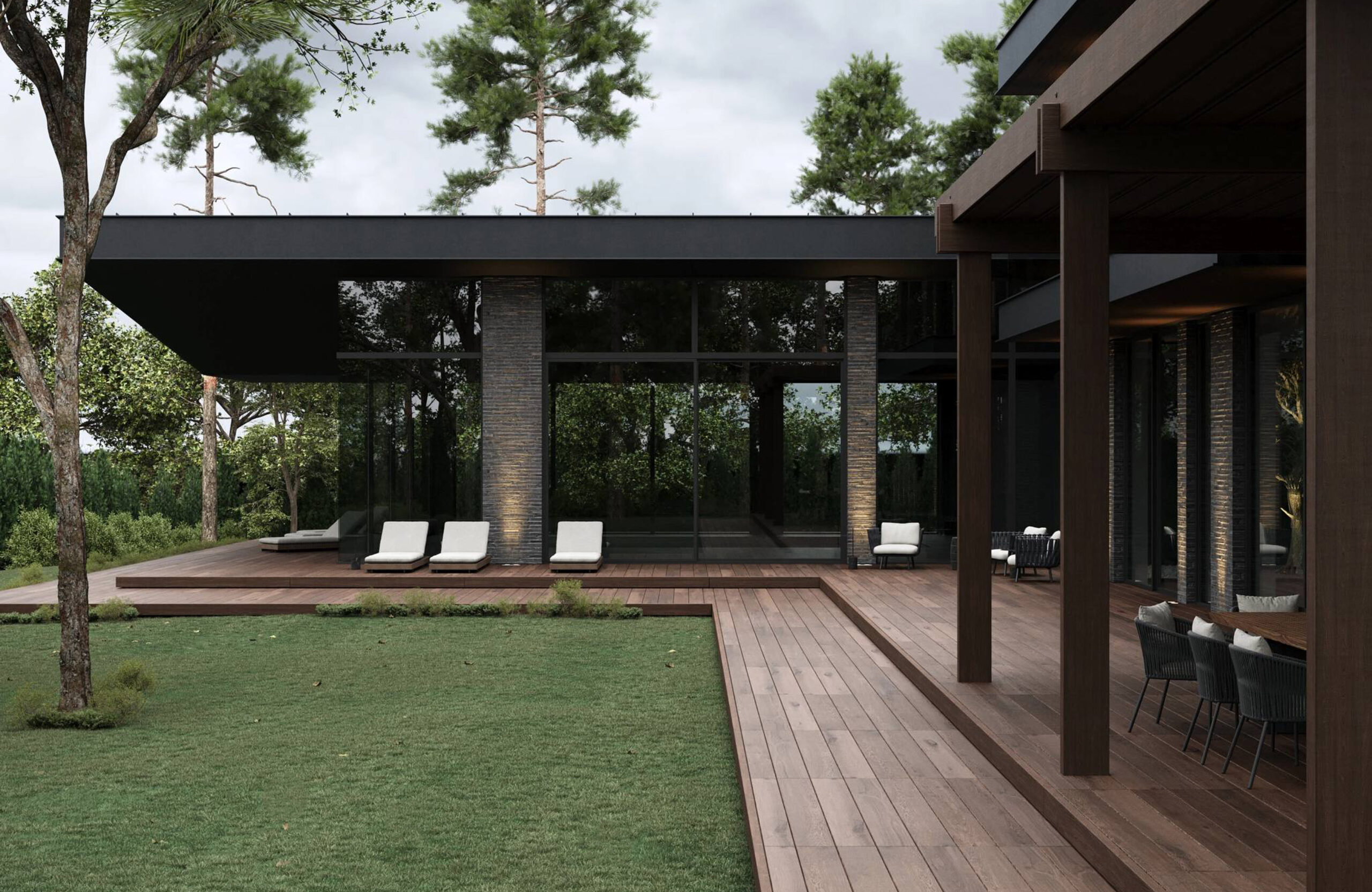Covered outdoor living area with LEGRO teak WPC decking, dining space and landscaped lawn
