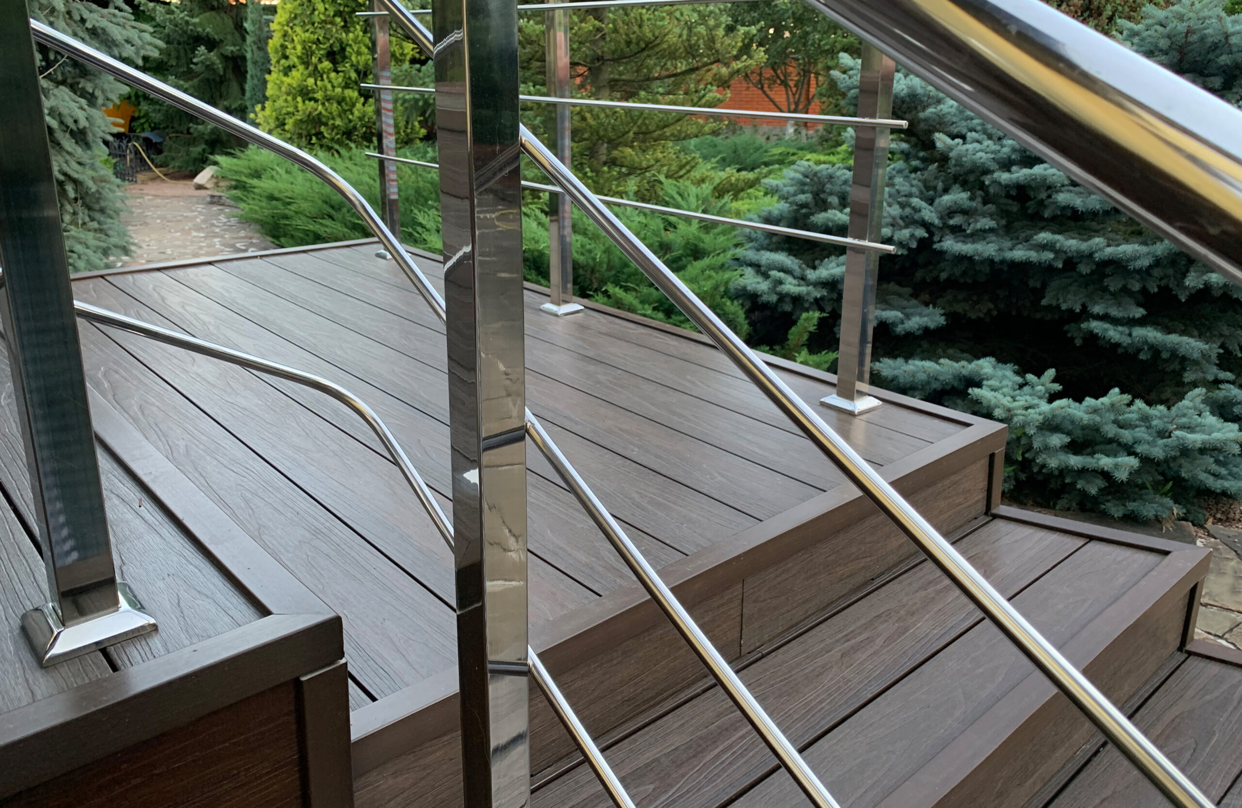 LEGRO walnut WPC decking with matching composite stairs and stainless steel handrails