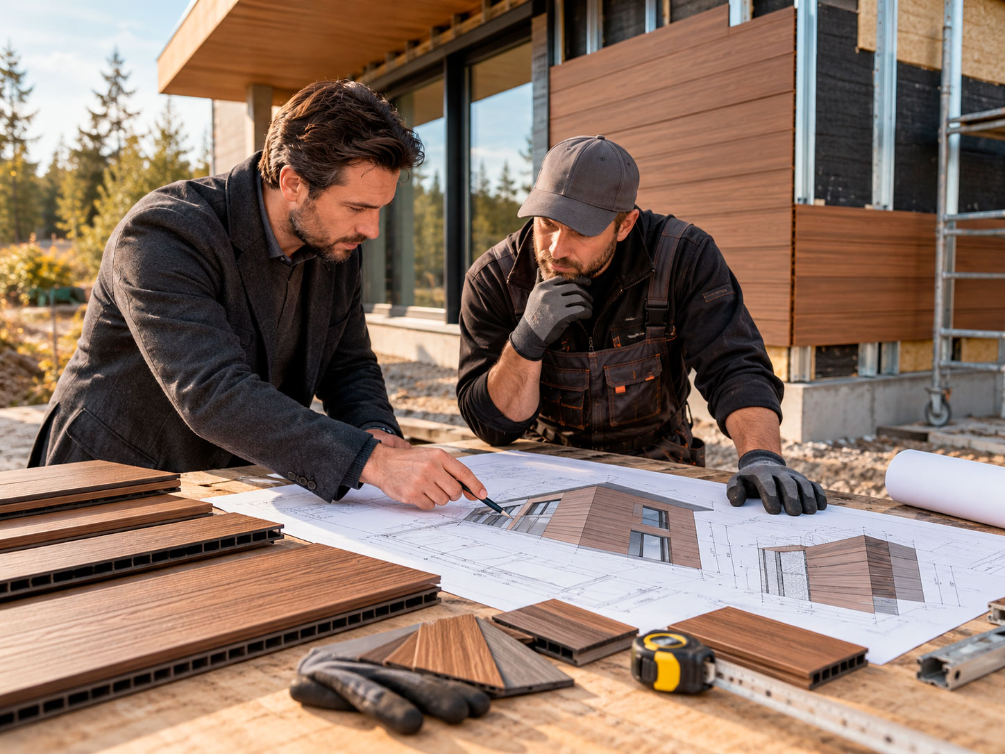 Two construction specialists review facade installation plans and WPC cladding samples on site