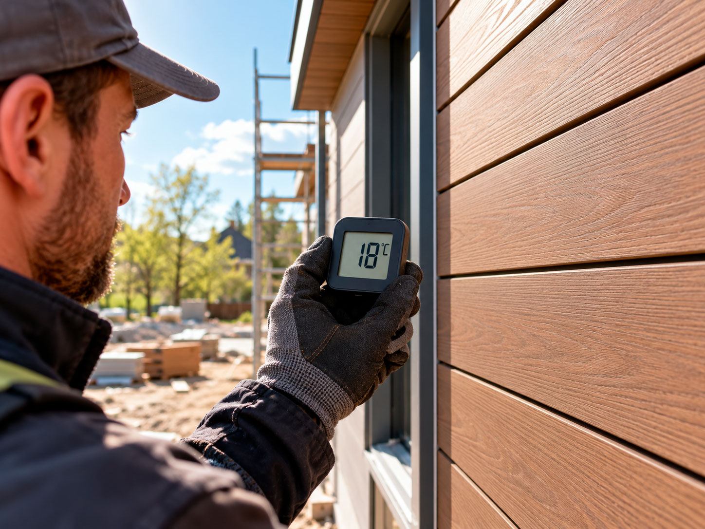 Construction worker checks the surface temperature of WPC facade panels before installation