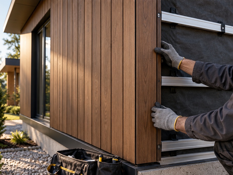 Installation of vertical WPC facade panels on the metal frame of a modern house