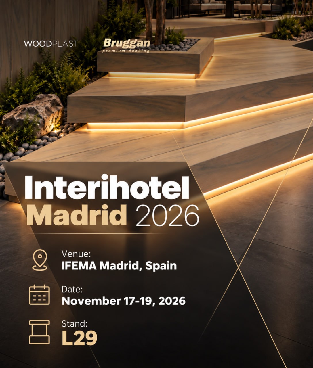 WOODPLAST and BRUGGAN invite you to Interihotel Madrid 2026, November 17-19, IFEMA Madrid, stand L29.
